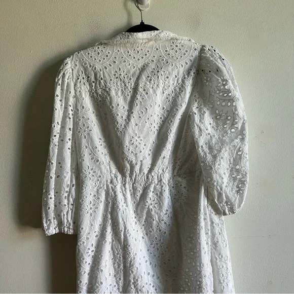 White Œillets Sz M Cottagecore Puff Sleeves Button Front Mini Dress - Picture 5 of 11